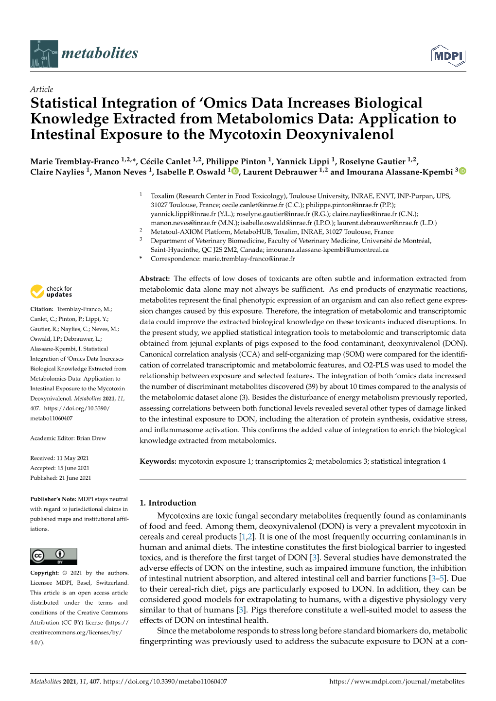 Statistical Integration of 'Omics Data Increases Biological Knowledge Extracted from Metabolomics Data: Application to Intesti