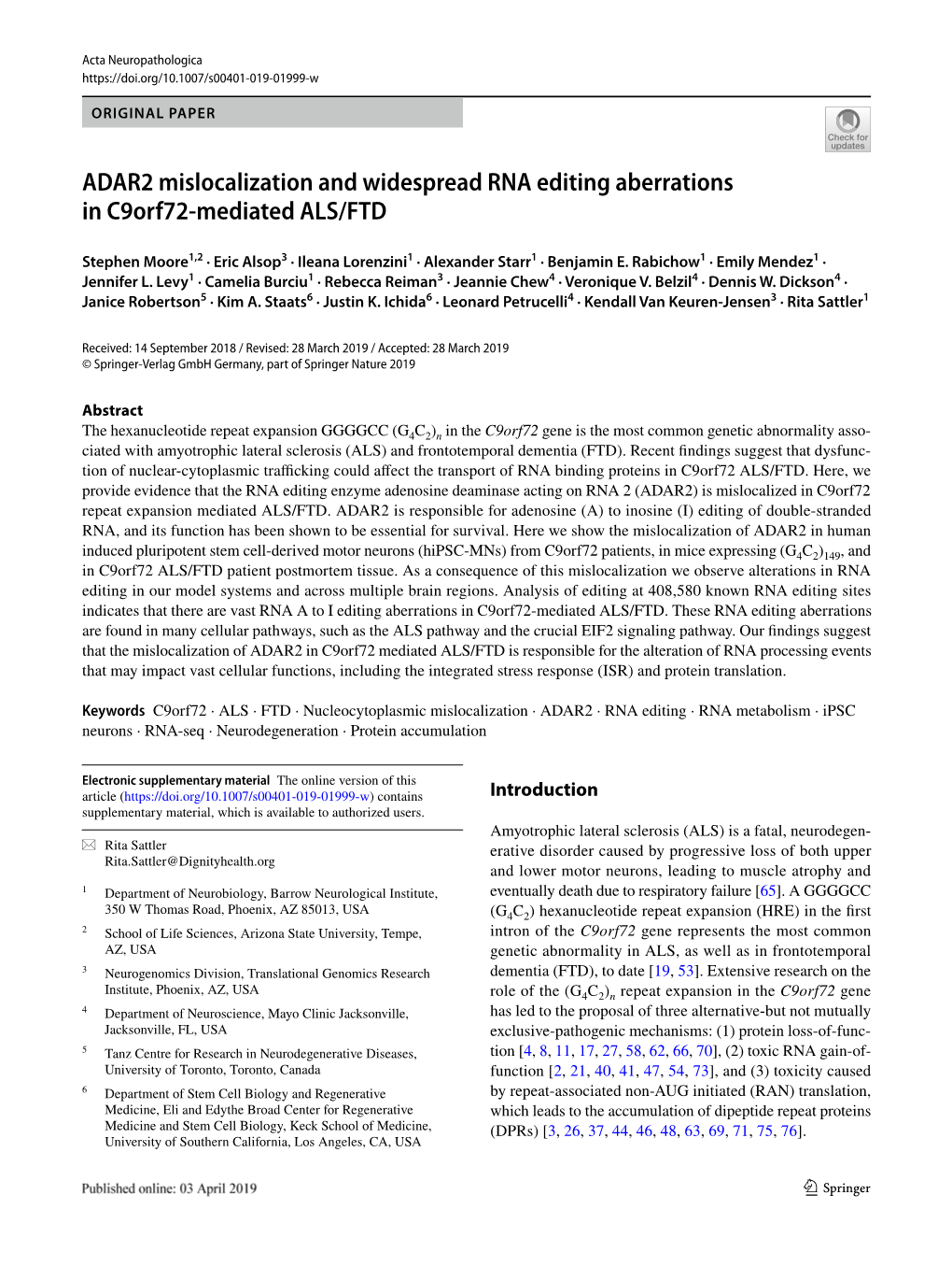 ADAR2 Mislocalization and Widespread RNA Editing Aberrations in C9orf72‑Mediated ALS/FTD