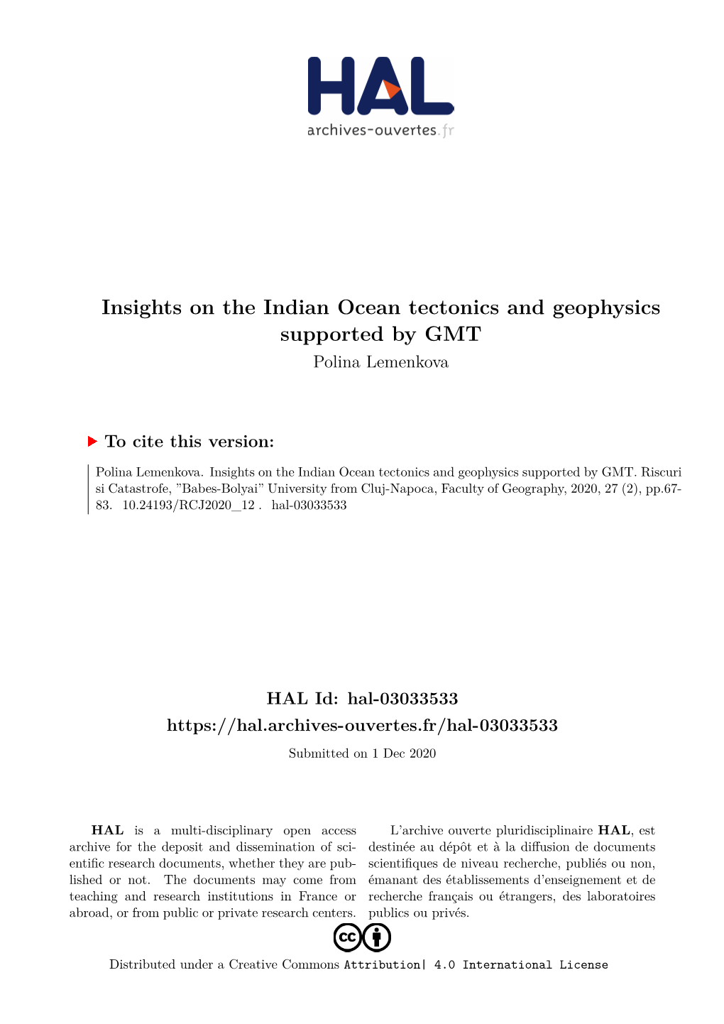 Insights on the Indian Ocean Tectonics and Geophysics Supported by GMT Polina Lemenkova