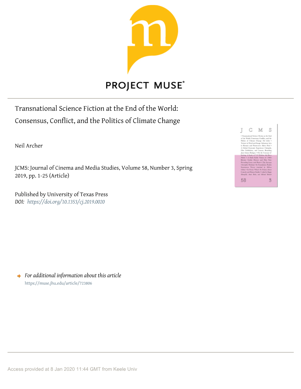 Transnational Science Fiction at the End of the World: Consensus, Conflict, and the Politics of Climate Change