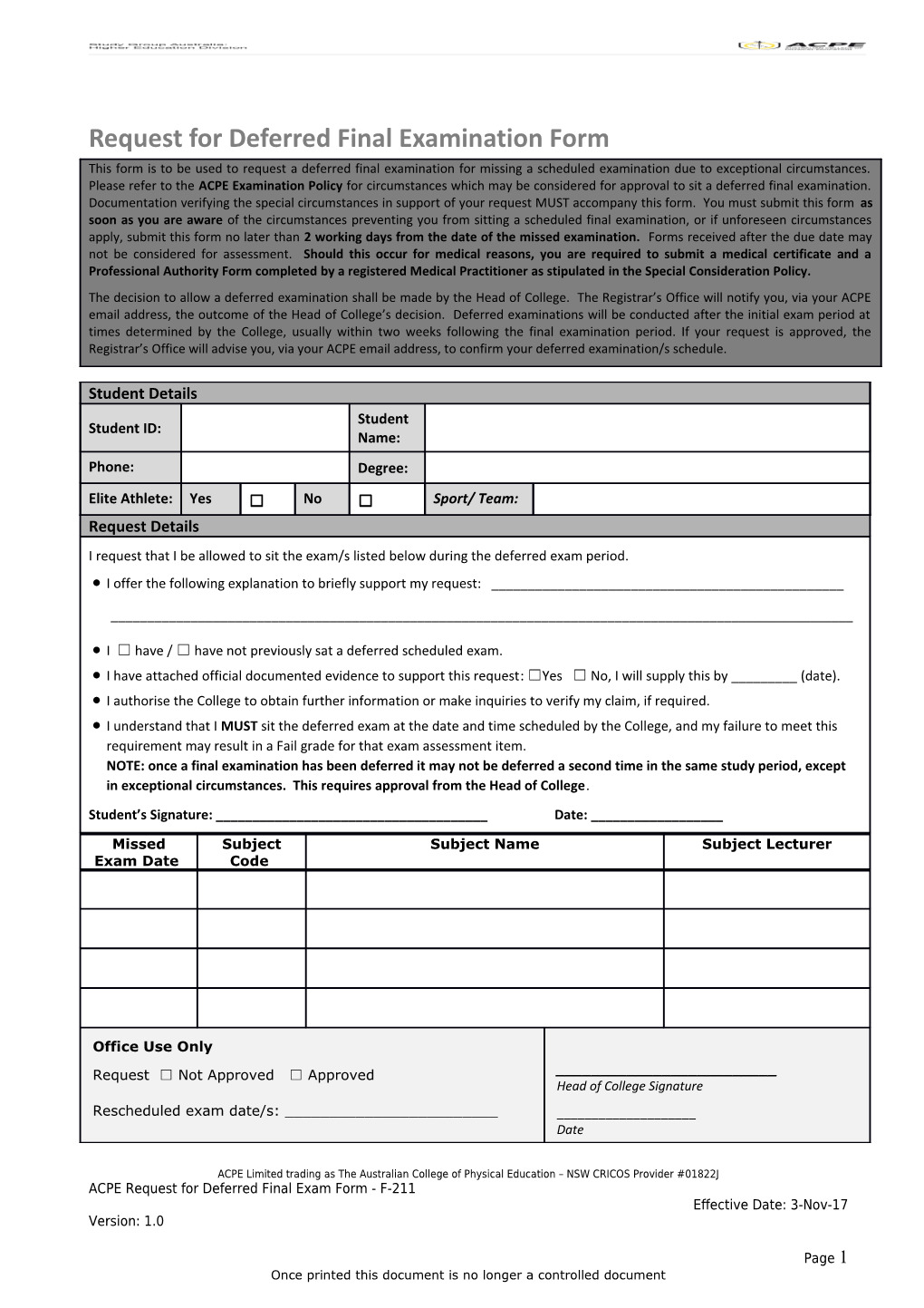 ACPE Request for Deferred Final Exam Form