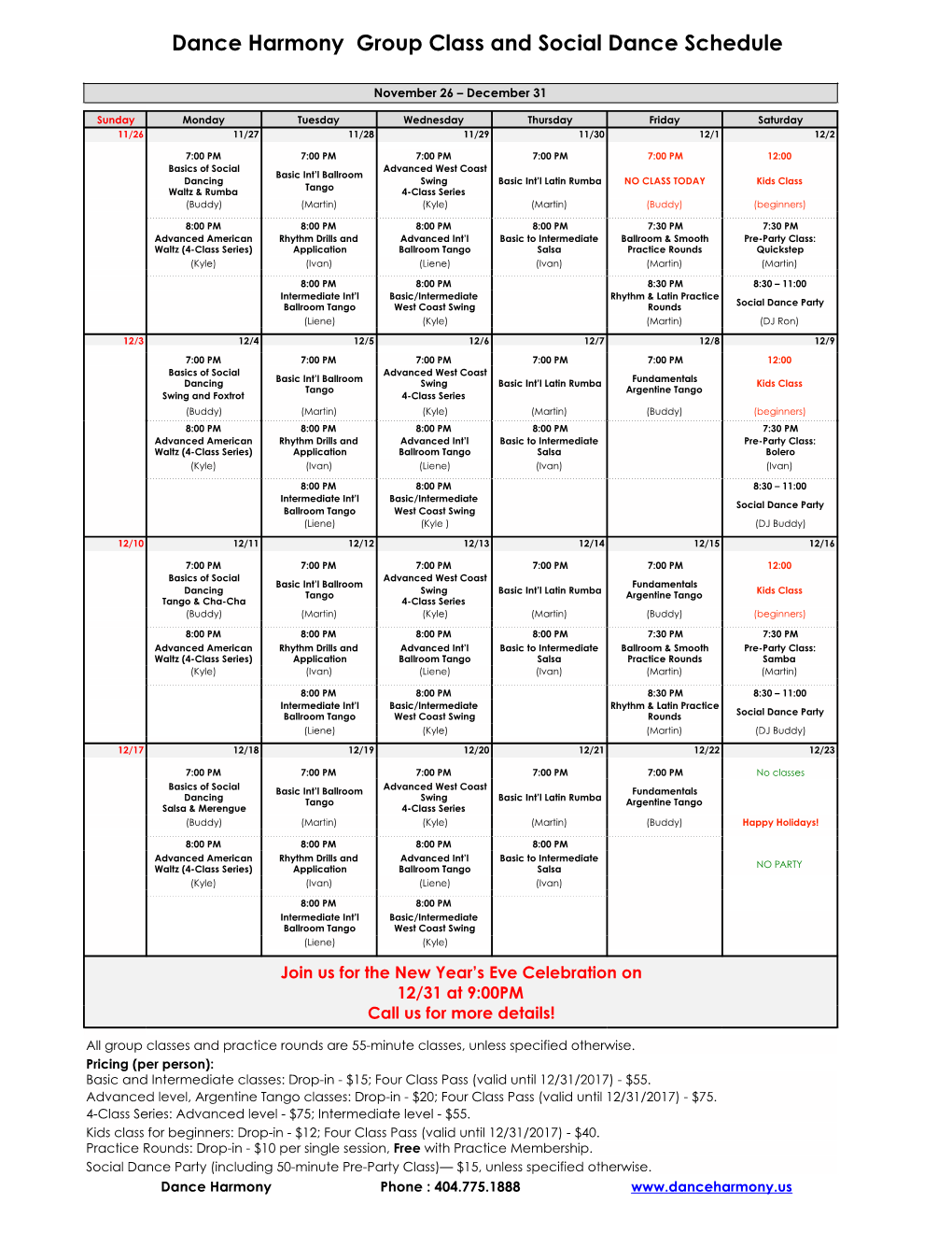 Dance Harmony Schedule Nov. 22-December 2017