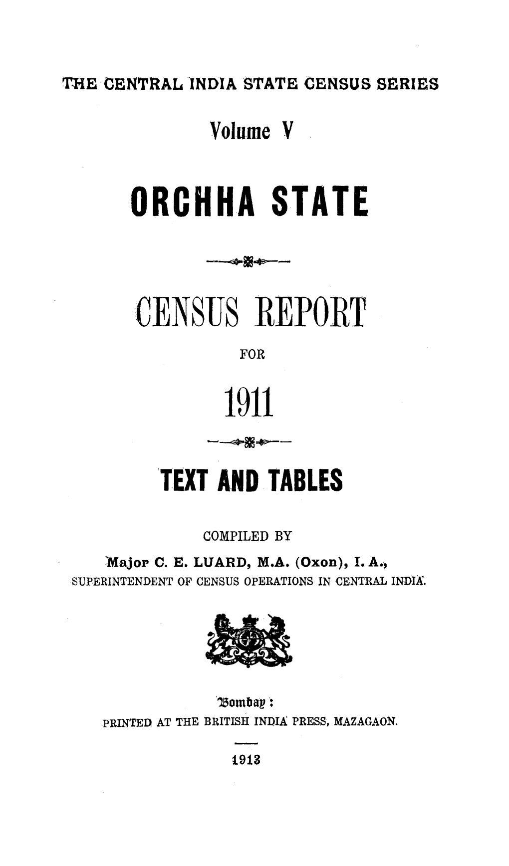 Orchha State, Census Report, Vol-V