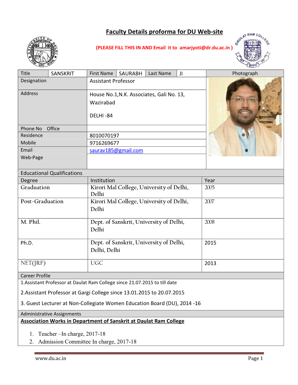 Faculty Details Proforma for DU Web-Site