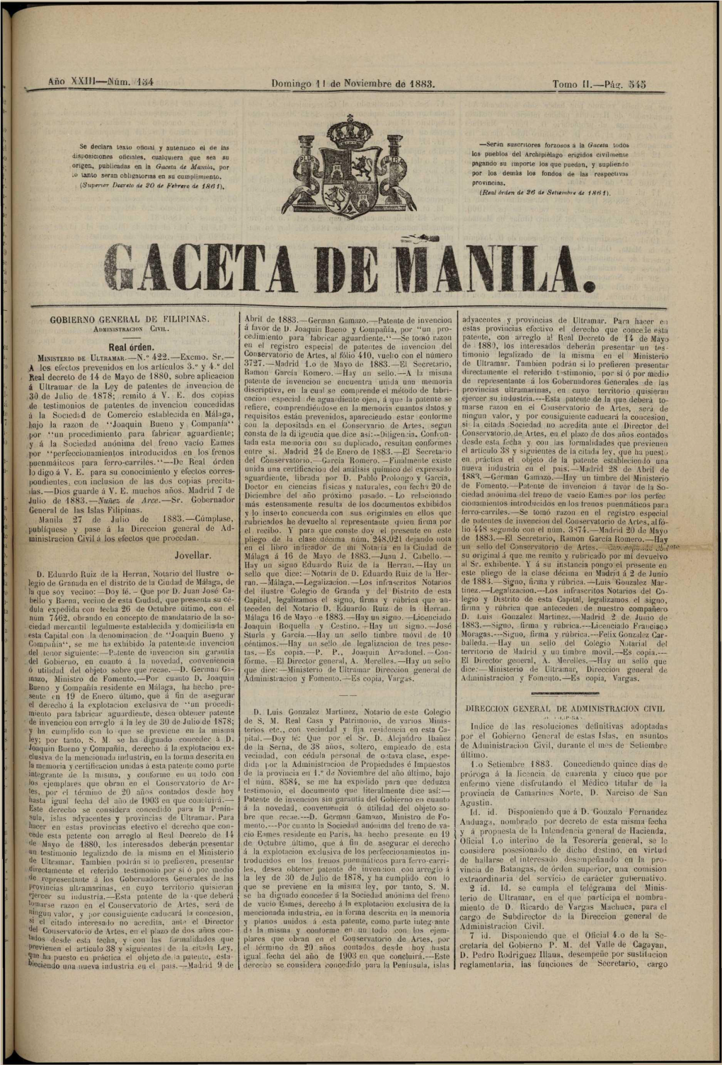 Domingo 11 De Noviembre De 1888. Jovellar