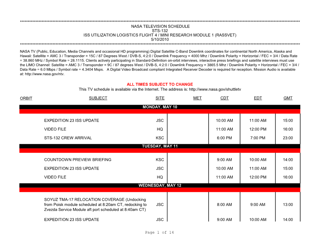 Orbit Subject Site Met Cdt Edt Gmt Expedition 23 Iss Update