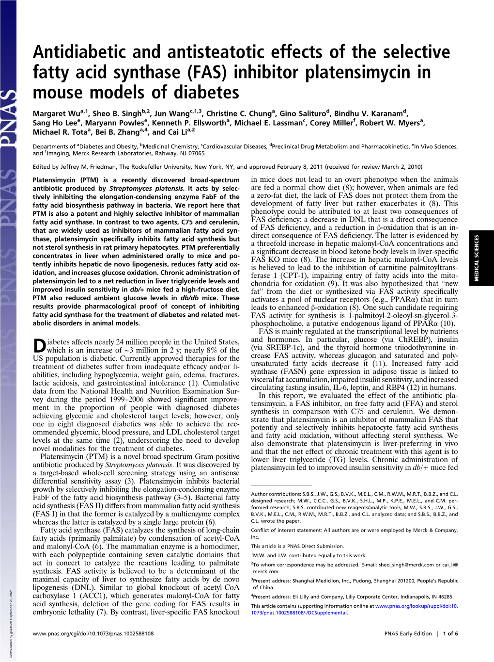 Antidiabetic and Antisteatotic Effects of the Selective Fatty Acid Synthase (FAS) Inhibitor Platensimycin in Mouse Models of Diabetes