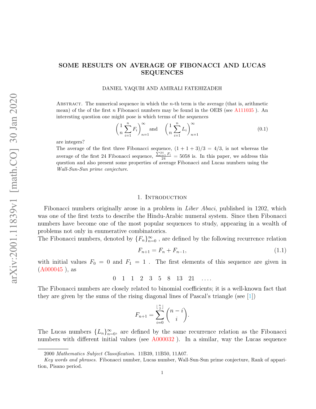 Arxiv:2001.11839V1 [Math.CO] 30 Jan 2020 Ihiiilvalues Initial with Ubr Aebcm N Ftems Oua Eune Ostudy by to Denoted Sequences Numbers, Combinatorics