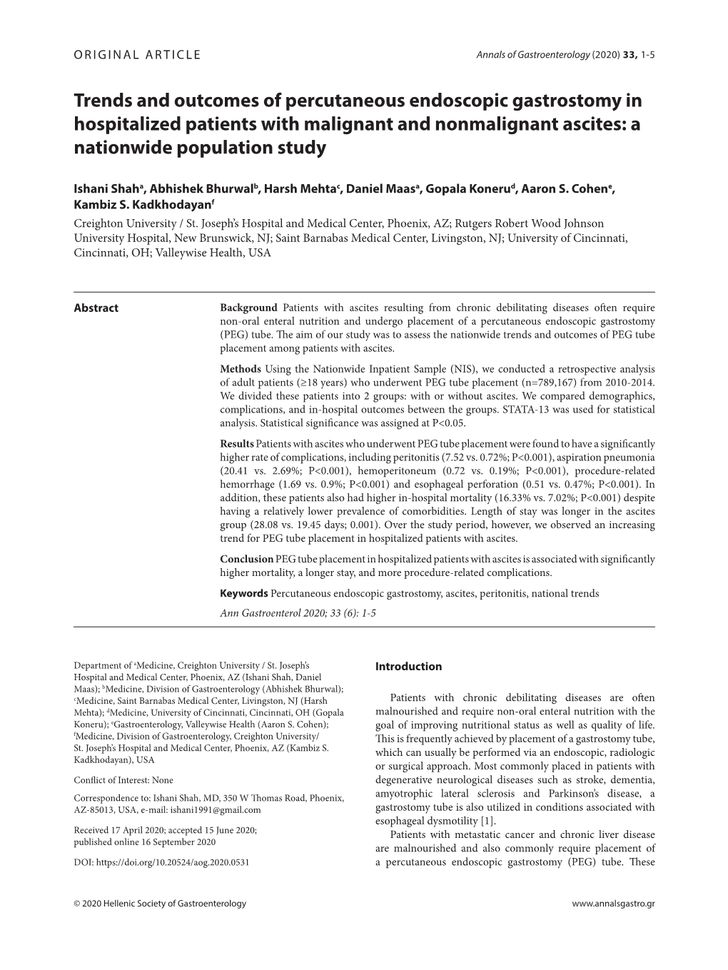 Trends and Outcomes of Percutaneous Endoscopic Gastrostomy in Hospitalized Patients with Malignant and Nonmalignant Ascites: a Nationwide Population Study