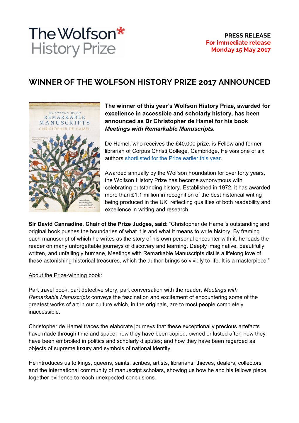 Winner of the Wolfson History Prize 2017 Announced