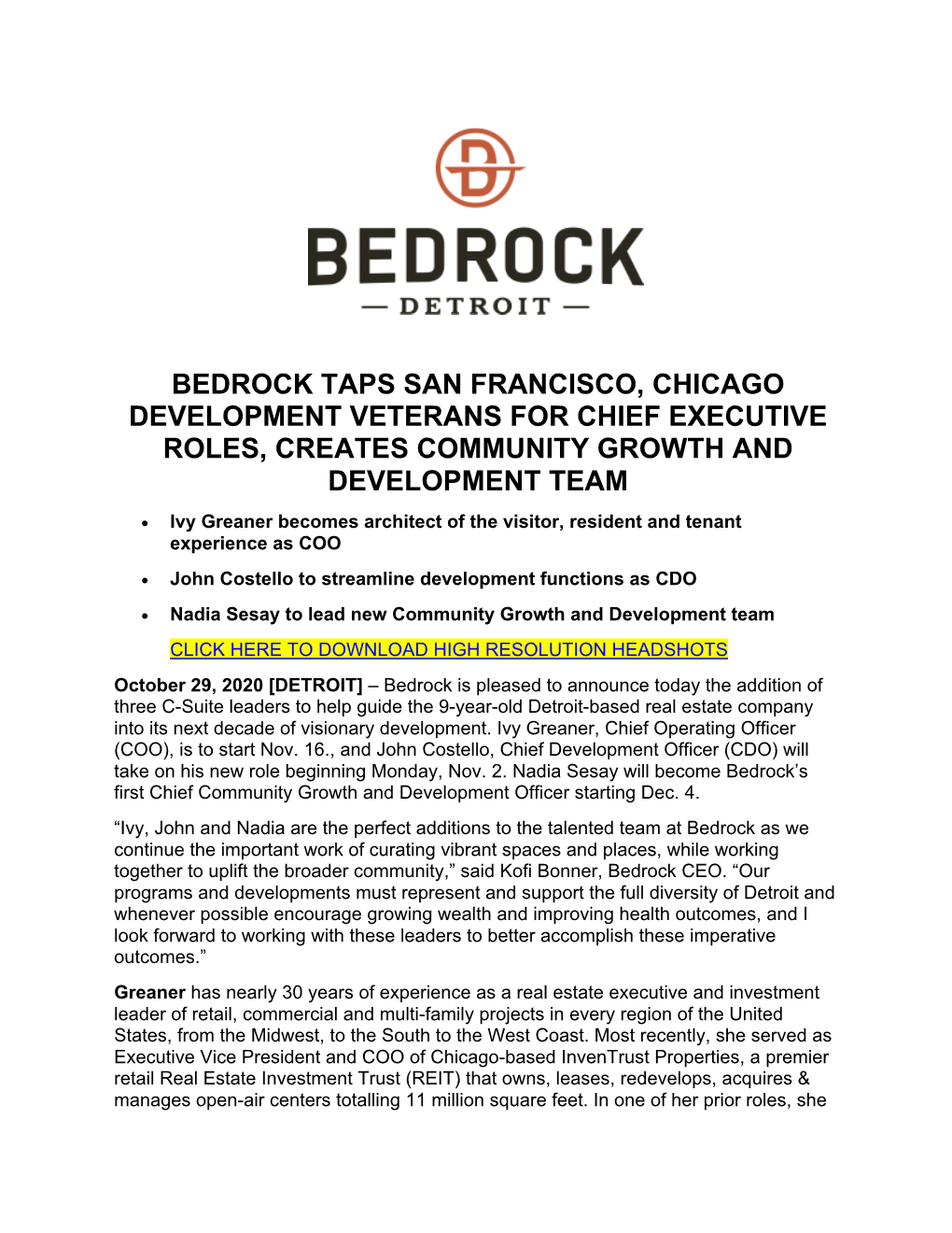 Bedrock Taps San Francisco, Chicago Development Veterans for Chief Executive Roles, Creates Community Growth and Development Team