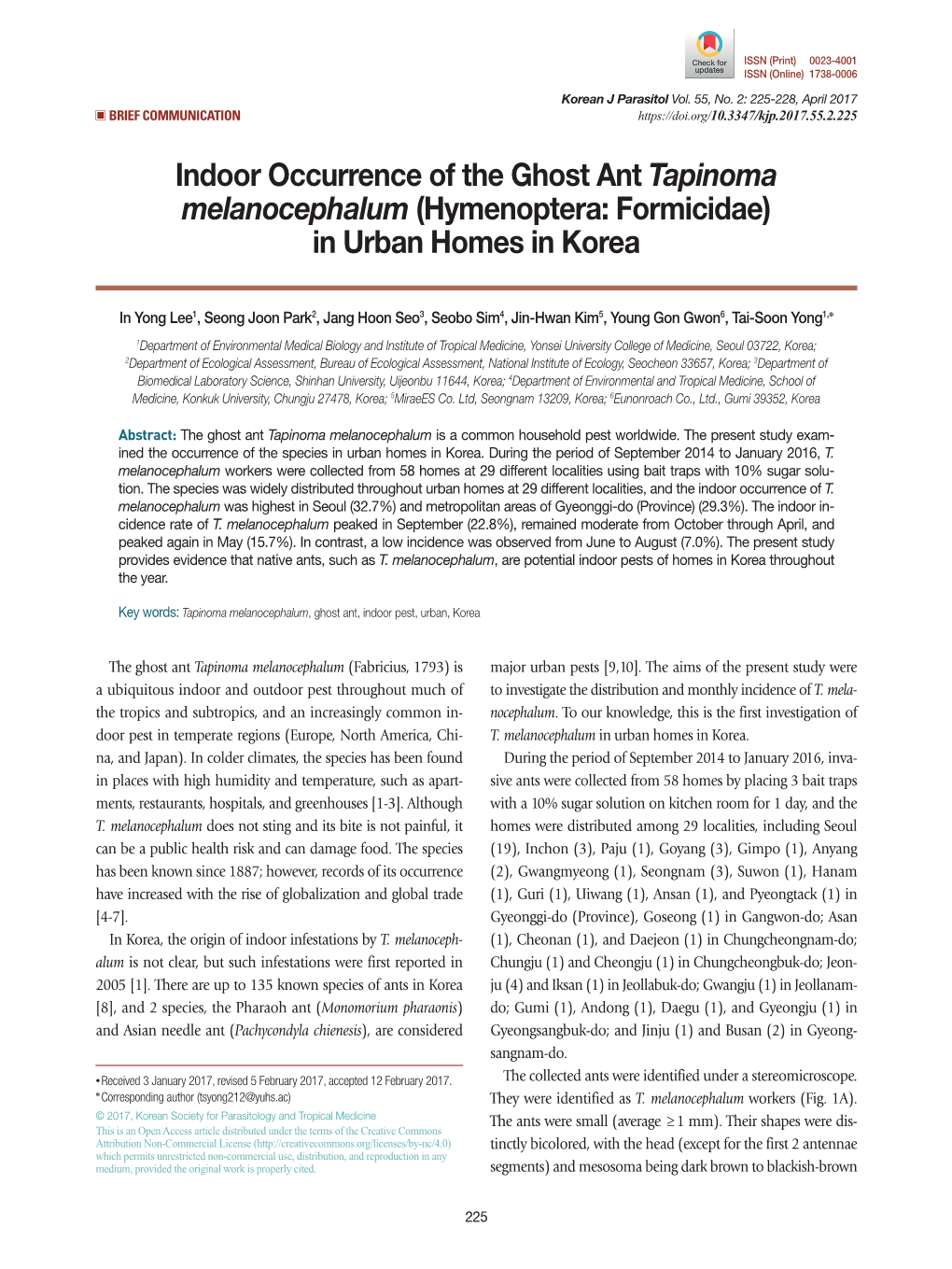 Tapinoma Melanocephalum (Hymenoptera: Formicidae) in Urban Homes in Korea