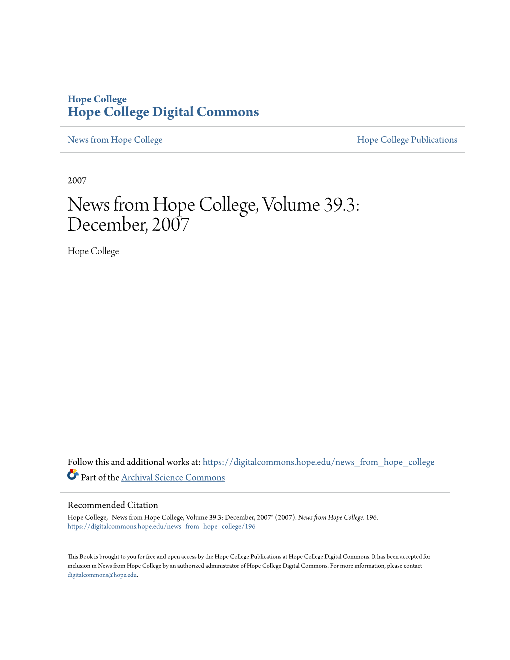 News from Hope College, Volume 39.3: December, 2007 Hope College