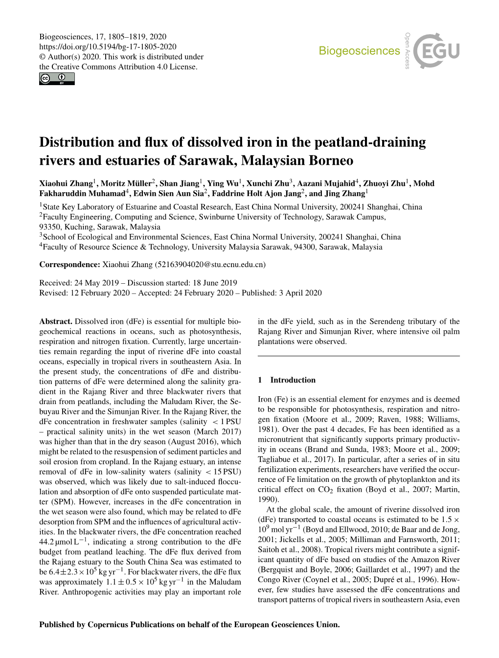 Distribution and Flux of Dissolved Iron in the Peatland-Draining Rivers And