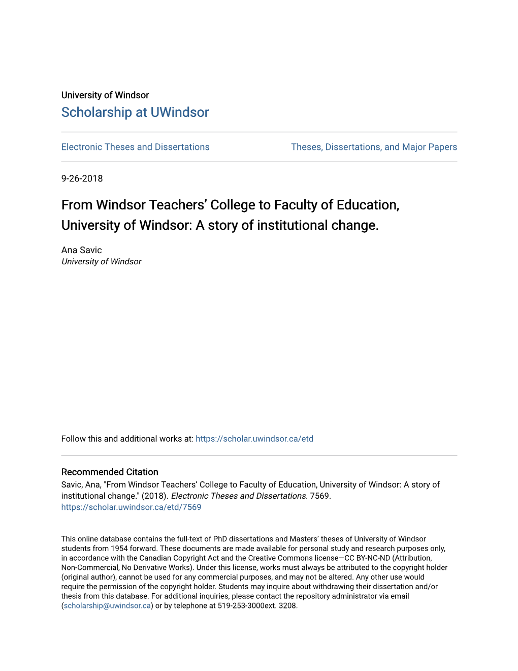 From Windsor Teachers' College to Faculty of Education, University Of