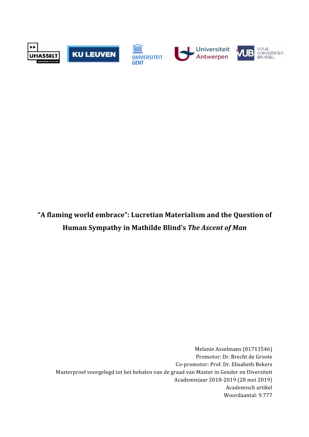 A Flaming World Embrace”: Lucretian Materialism and the Question of Human Sympathy in Mathilde Blind’S the Ascent of Man