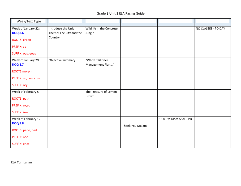 Grade 8 Unit 3 ELA Pacing Guide