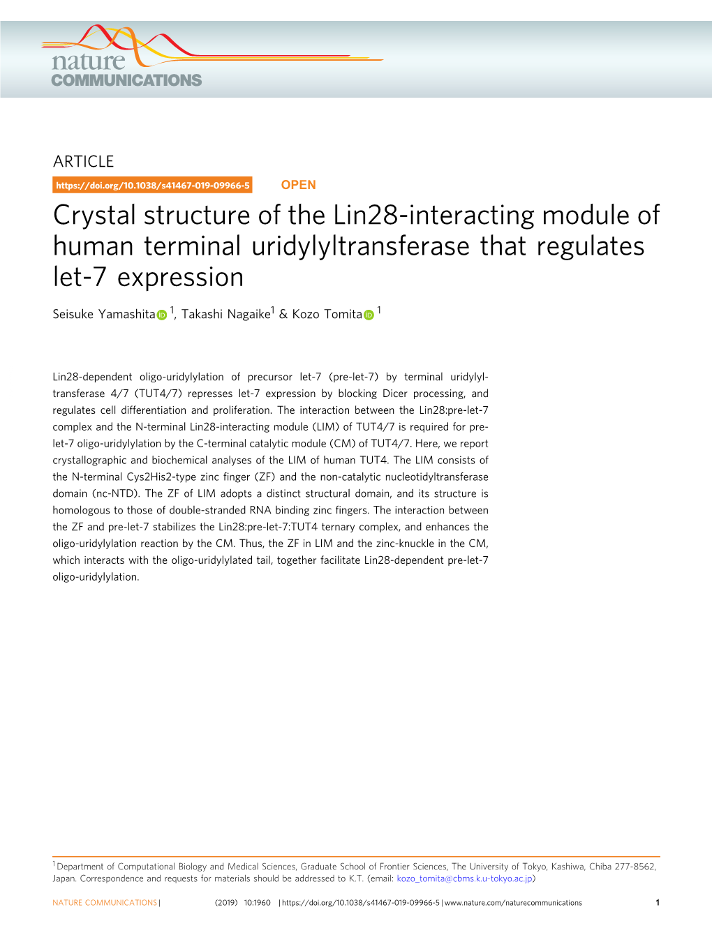 Crystal Structure of the Lin28-Interacting Module of Human Terminal Uridylyltransferase That Regulates Let-7 Expression