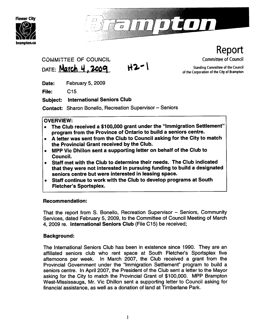 Committee of Council Item H2 for March 4, 2009