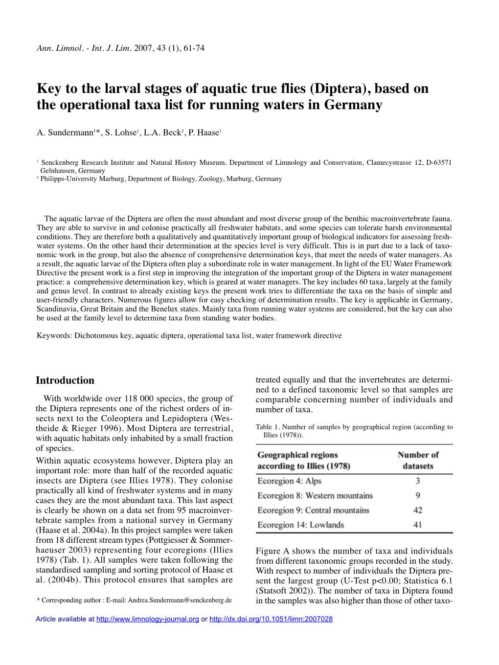 Key to the Larval Stages of Aquatic True Flies (Diptera), Based on the Operational Taxa List for Running Waters in Germany