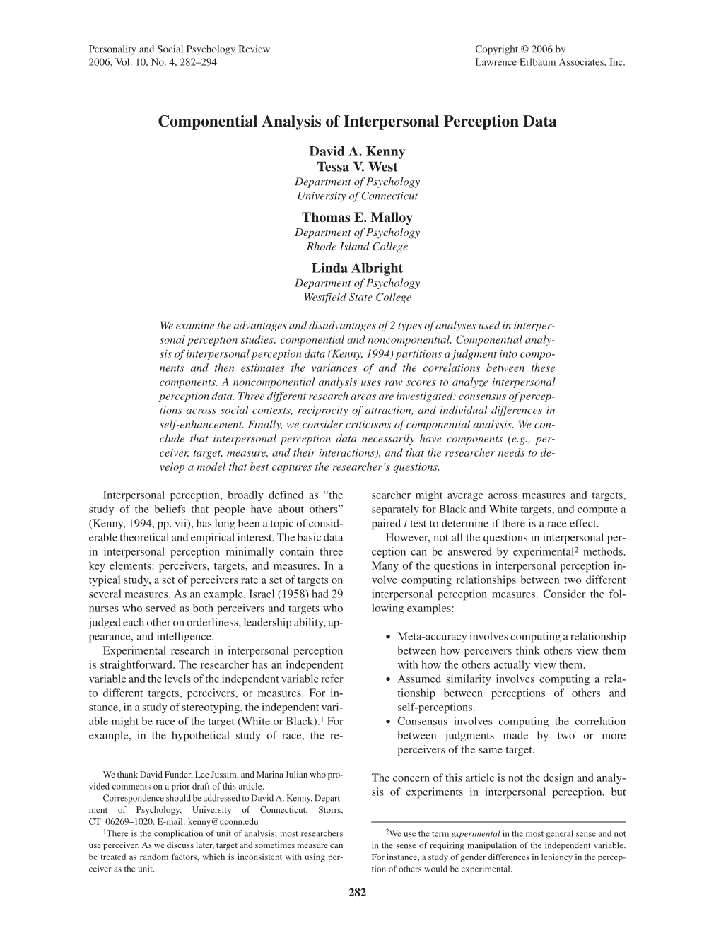 Componential Analysis of Interpersonal Perception Data