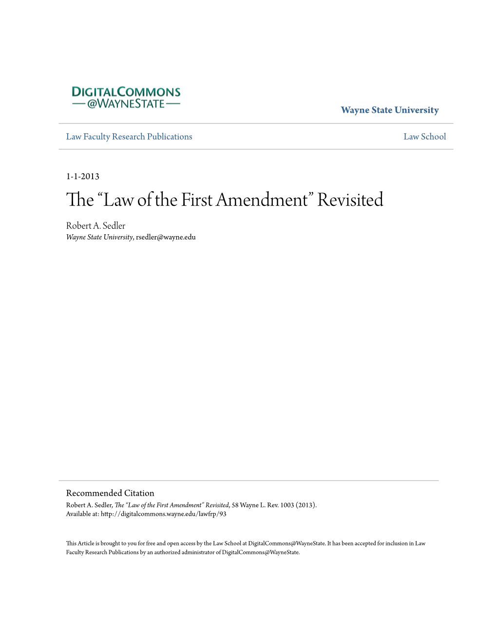 The “Law of the First Amendment” Revisited Robert A