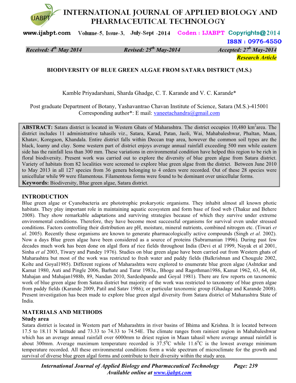 Biodiversity of Blue Green Algae from Satara District (M.S.)