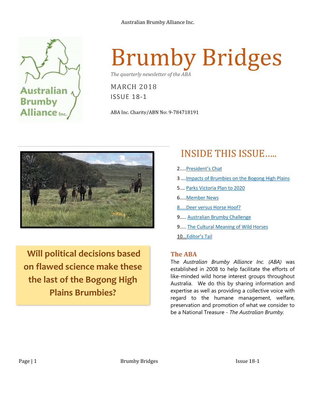 Brumby Bridges the Quarterly Newsletter of the ABA MARCH 2018 ISSUE 18-1