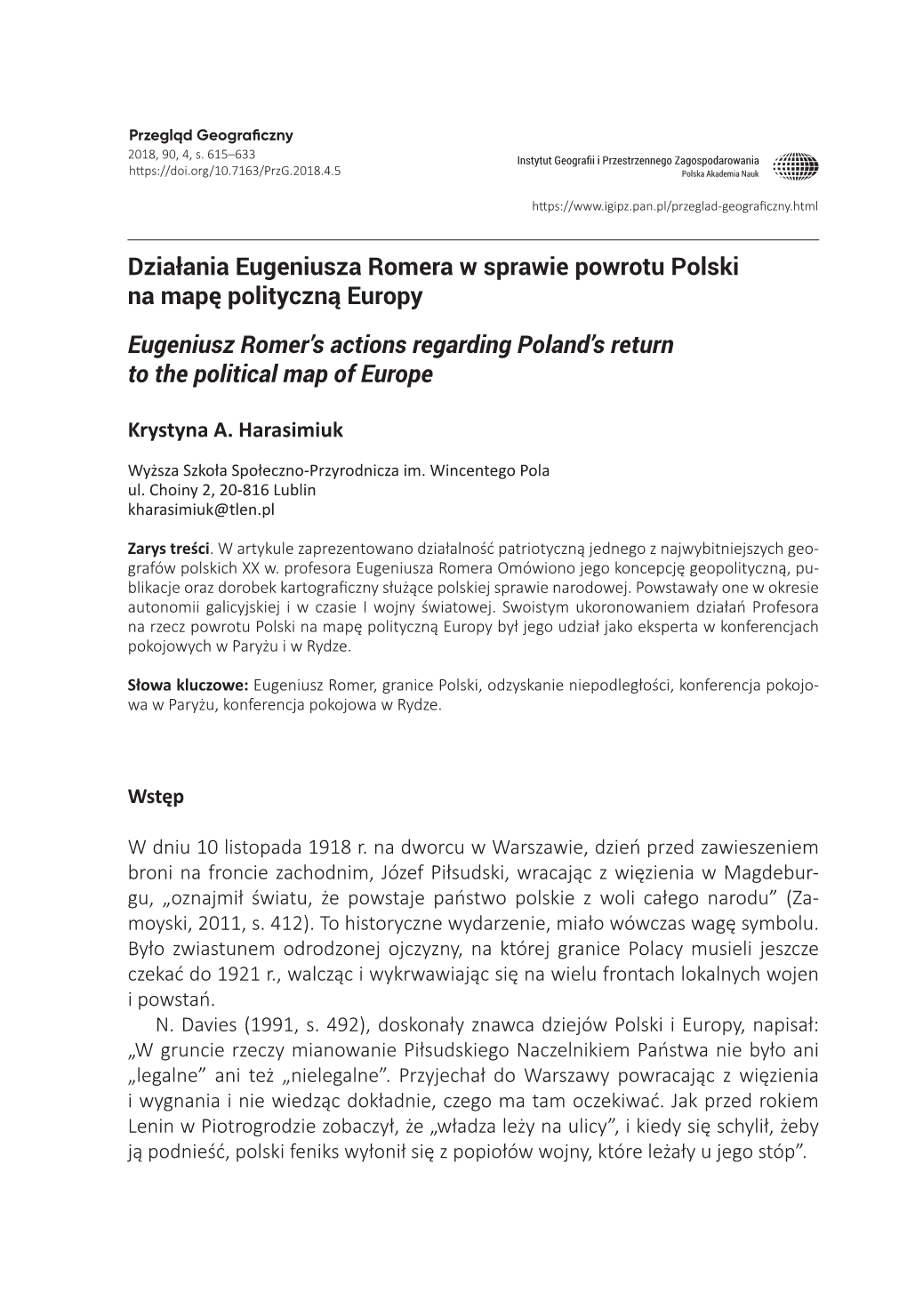 Działania Eugeniusza Romera W Sprawie Powrotu Polski Na Mapę Polityczną Europy Eugeniusz Romer’S Actions Regarding Poland’S Return to the Political Map of Europe