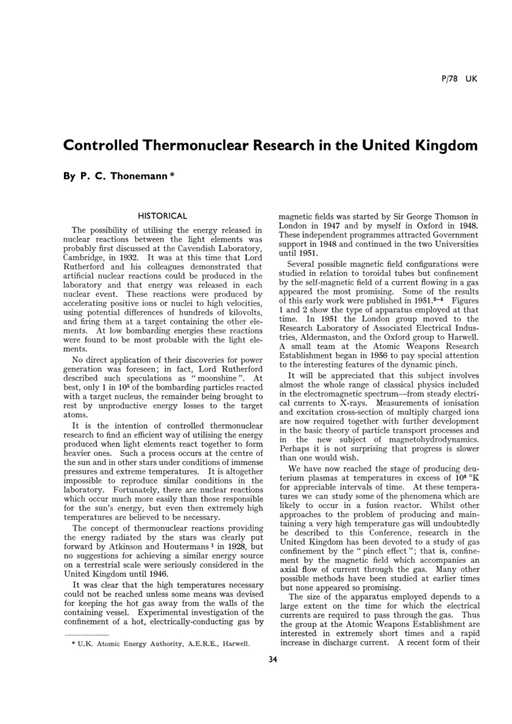 Controlled Thermonuclear Research in the United Kingdom