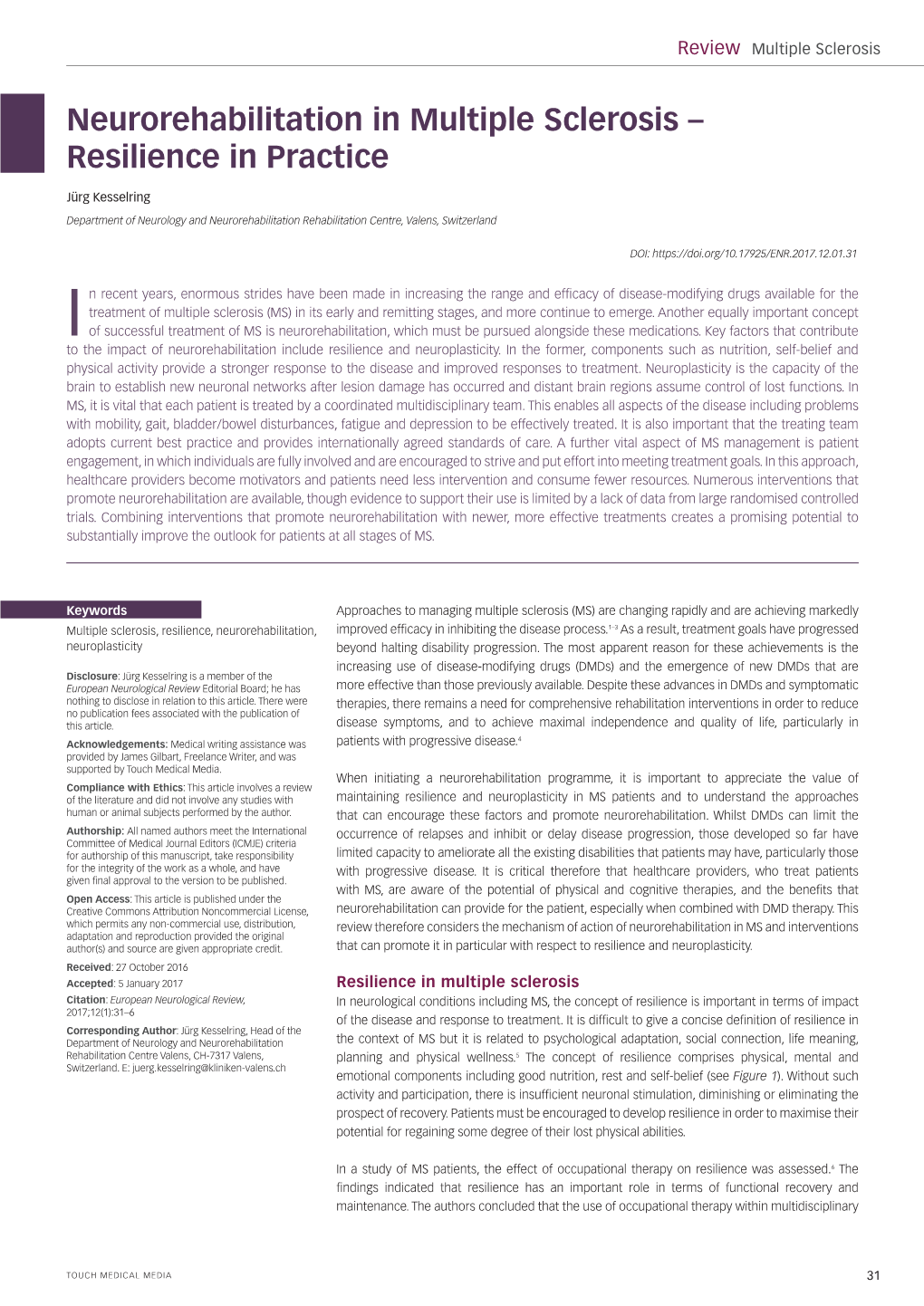 Neurorehabilitation in Multiple Sclerosis – Resilience in Practice