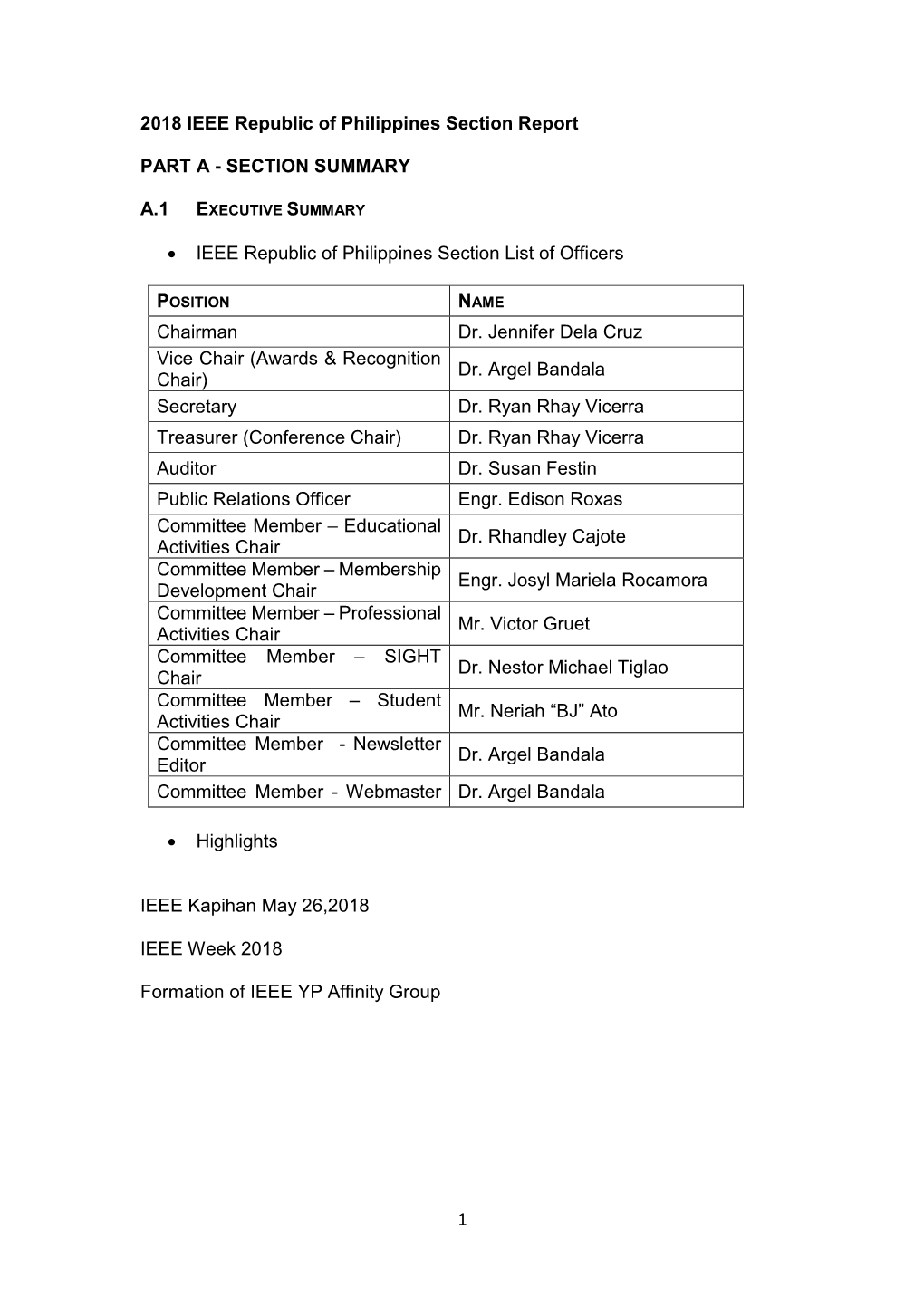 1 2018 IEEE Republic of Philippines Section Report PART A