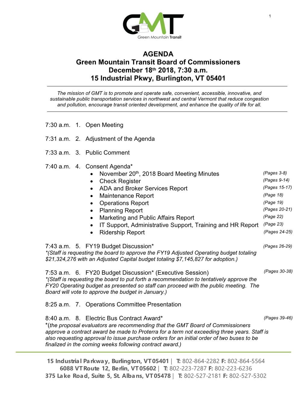 AGENDA Green Mountain Transit Board of Commissioners December 18Th 2018, 7:30 A.M