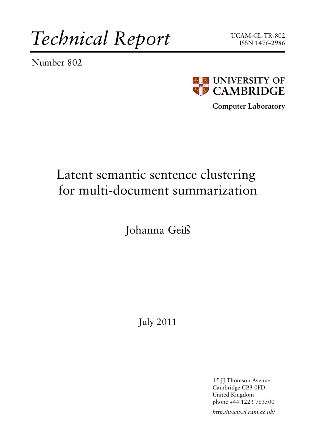 Latent Semantic Sentence Clustering for Multi-Document Summarization