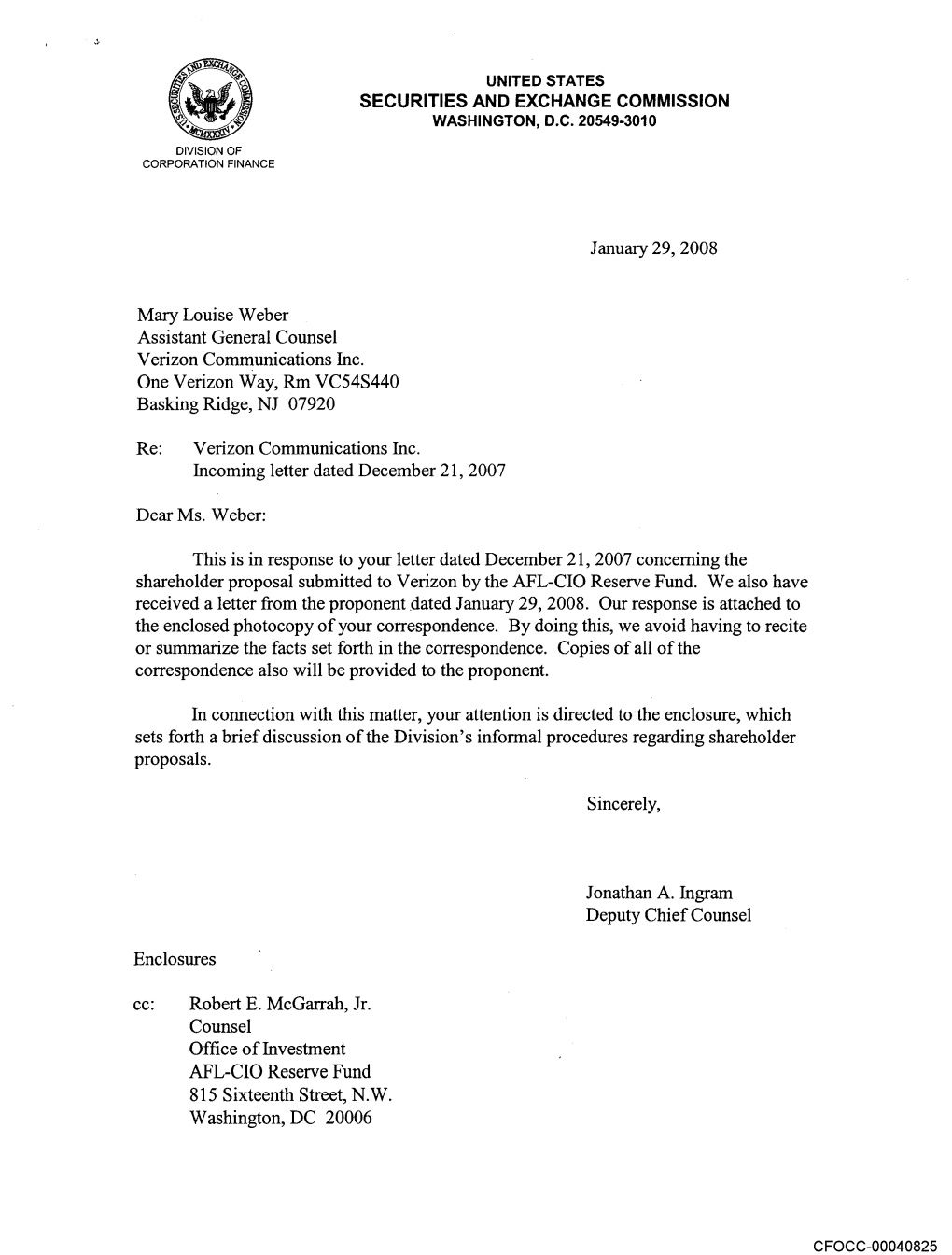 Verizon Communications Inc.S Request to Exclude Proposal Submitted by the AFL-CIO Reserve Fund