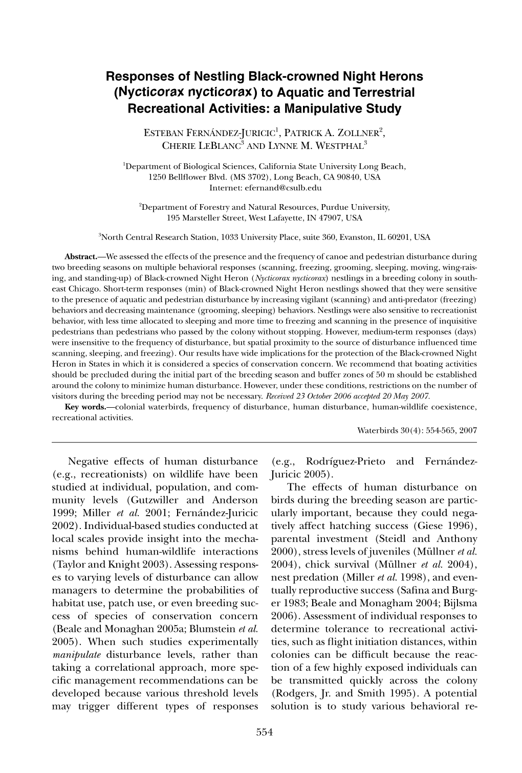 Responses of Nestling Black-Crowned Night Herons (Nycticorax Nycticorax) to Aquatic and Terrestrial Recreational Activities: a Manipulative Study