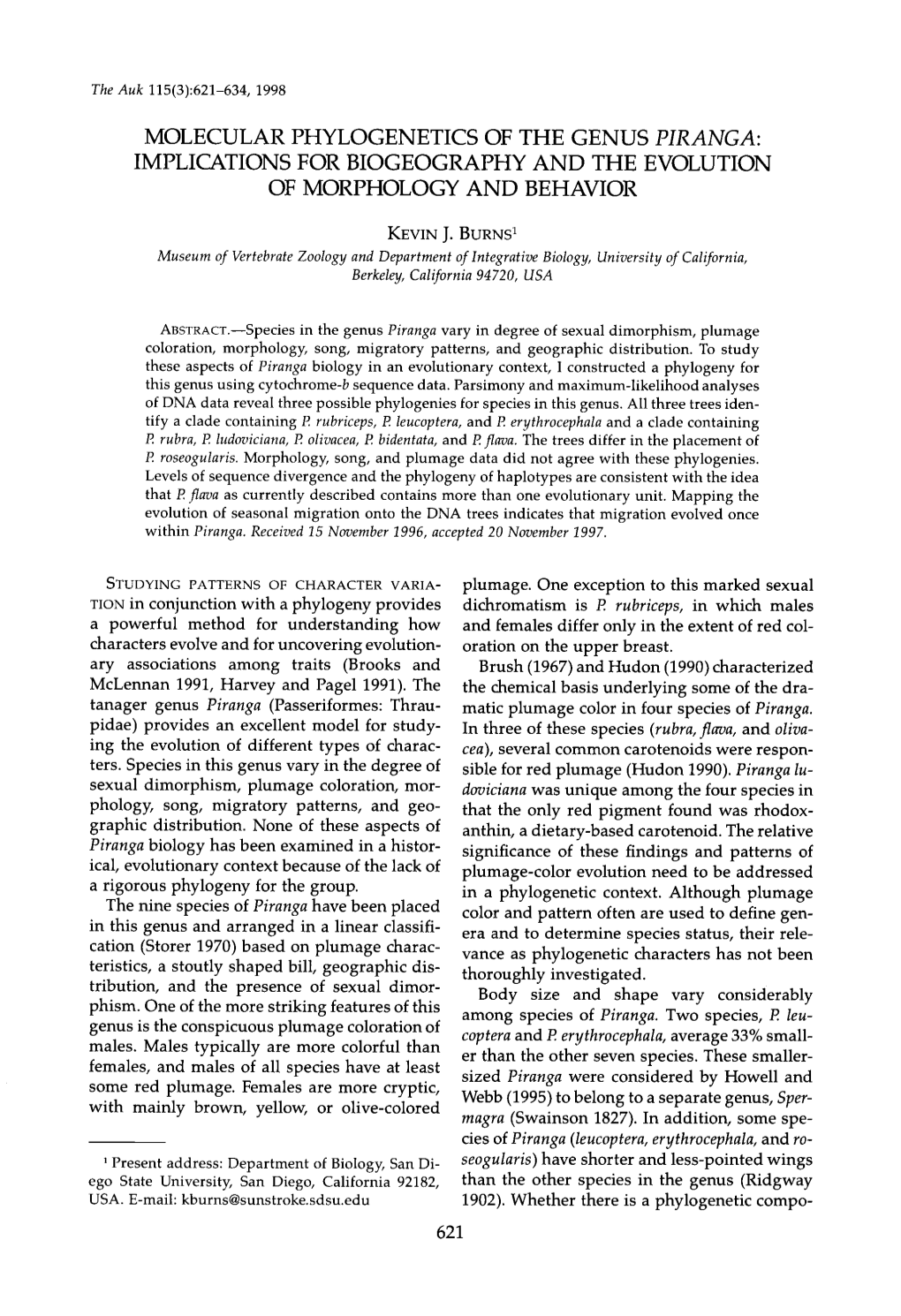 Molecular Phylogenetics of the Genus Piranga: Implications for Biogeography and the Evolution of Morphology and Behavior