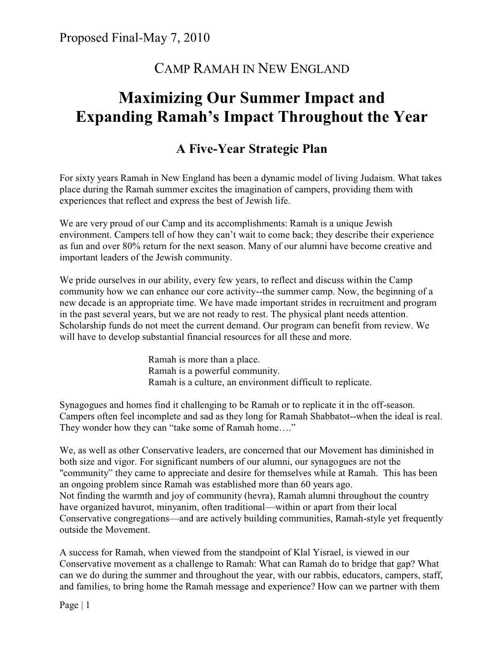 Maximizing Our Summer Impact and Expanding Ramah's Impact Throughout the Year a Five-Year Strategic Plan