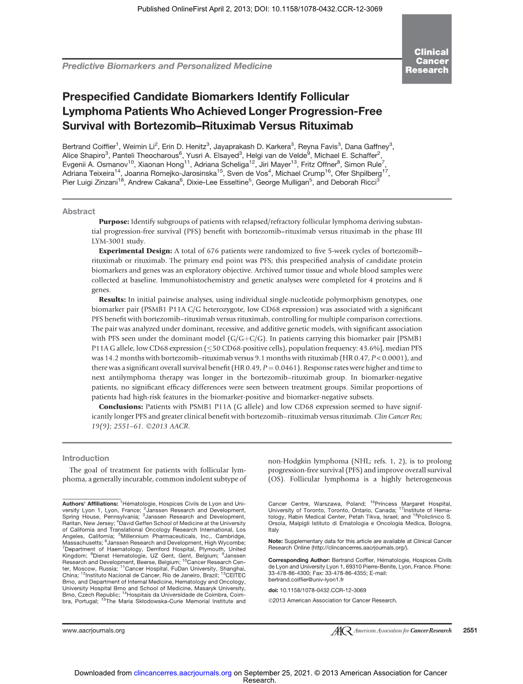 Prespecified Candidate Biomarkers Identify Follicular Lymphoma Patients Who Achieved Longer Progression-Free Survival with Bortezomib−Rituximab Versus Rituximab