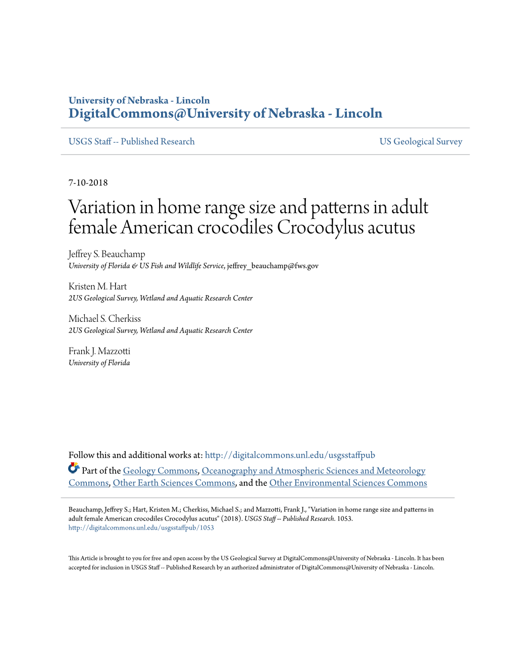 Variation in Home Range Size and Patterns in Adult Female American Crocodiles Crocodylus Acutus Jeffrey S