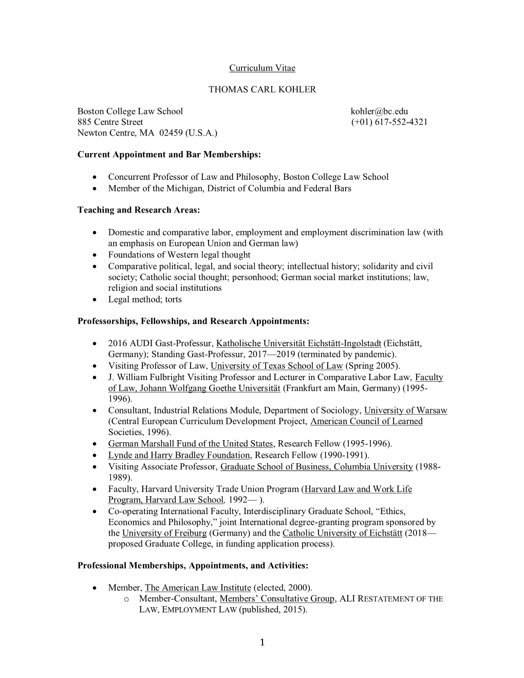 Curriculum Vitae THOMAS CARL KOHLER Boston College Law