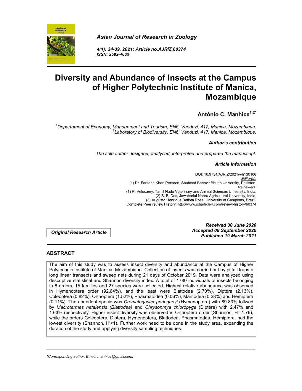 Diversity and Abundance of Insects at the Campus of Higher Polytechnic Institute of Manica, Mozambique