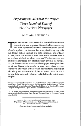Preparing the Minds Ofthe People: Three Hundred Years of the American Newspaper