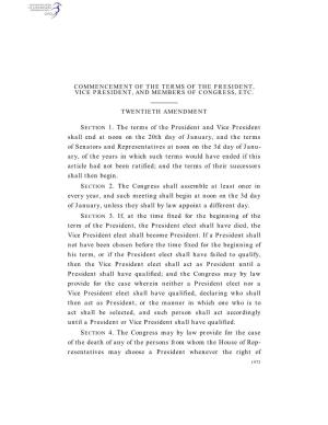 20Th Amendment US Constitution--Commencement of the Terms of the President, Vice President, and Members of Congress, Etc