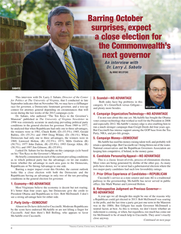 Barring October Surprises, Expect a Close Election for the Commonwealth’S Next Governor an Interview with Dr