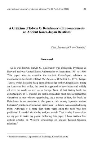 A Criticism of Edwin O. Reischauer's Pronouncements on Ancient Korea