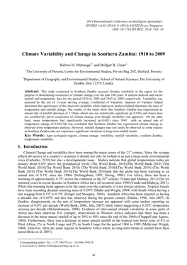 Climate Variability and Change in Southern Zambia: 1910 to 2009