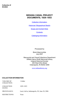 Indiana Canal Project Documents, 1829-1853