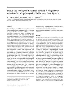 Status and Ecology of the Golden Monkey (Cercopithecus Mitis Kandti) in Mgahinga Gorilla National Park, Uganda