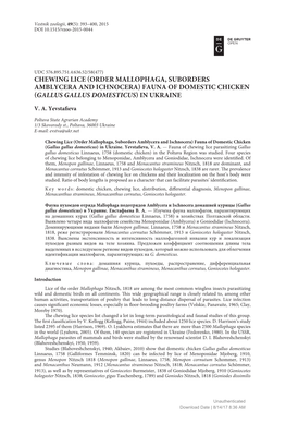 Chewing Lice (Order Mallophaga, Suborders Amblycera and Ichnocera) Fauna of Domestic Chicken (Gallus Gallus Domesticus) in Ukraine